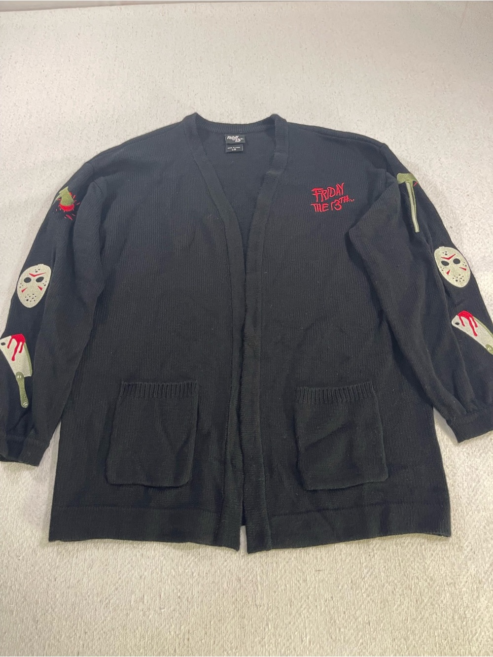 Friday the 13th Movies Black Cardigan Sweater W/Sleeve Graphic Large. SKU#0654
